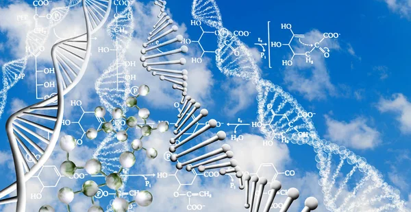 Imagem abstrata da cadeia de DNA e fórmulas químicas no fundo do céu — Fotografia de Stock