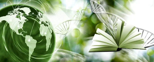 Image de structure moléculaire, chaîne d'ADN, planète abstraite et livre ouvert sur fond vert — Photo