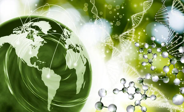 Image of molecular structure chain of dna and abstract planet on a green background