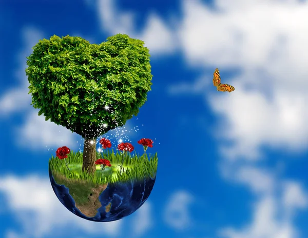 Gezegen ve ağacının bir kalp şeklinde soyut resim — Stok fotoğraf