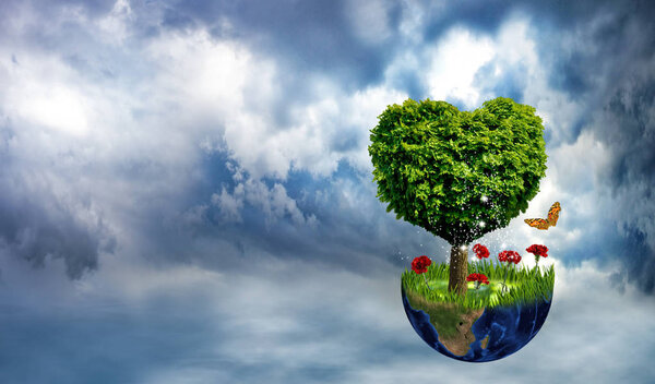 abstract image of planet and  tree in the shape of a heart