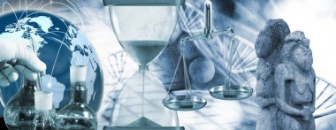 kimyasal şişeler, el eldiven, kum saati, antik heykeller üzerinde Biyoteknolojik arka plan yakın çekim