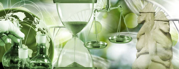 kimyasal şişeler, el eldiven, kum saati, antik heykeller üzerinde Biyoteknolojik arka plan yakın çekim