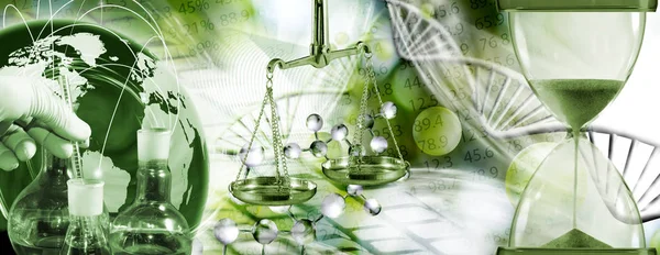 kimyasal şişeler, stilize topu, Biyoteknolojik arka plan yakın çekim üzerinde kum saati görüntüsü