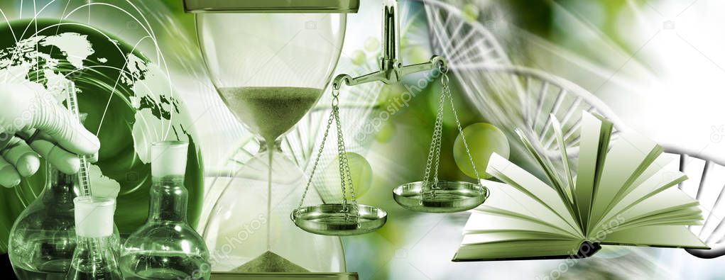 image of chemical flasks, stylized ball, hourglass, open book on biotechnological background close-up