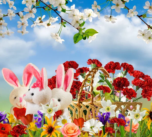 Imagem de flores e lebres de brinquedo close-up — Fotografia de Stock