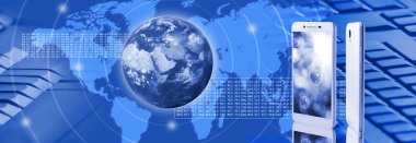 Smartphone ve mavi arka plan yakın çekim olarak stilize Küre