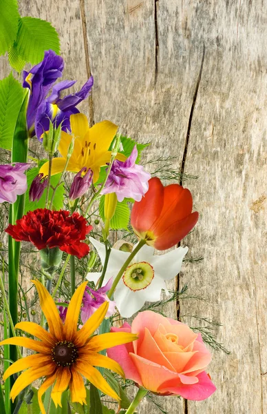 Bild eines Blumenstraußes auf einer Holzplanke Hintergrund Nahaufnahme — Stockfoto