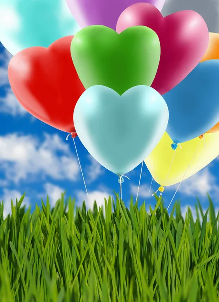 Festive balloons in the park on sky background image of grass in garden close up — Stock Photo, Image