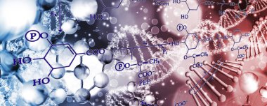 Kimyasal formüllerle bulanık bir arkaplanda DNA zinciri.