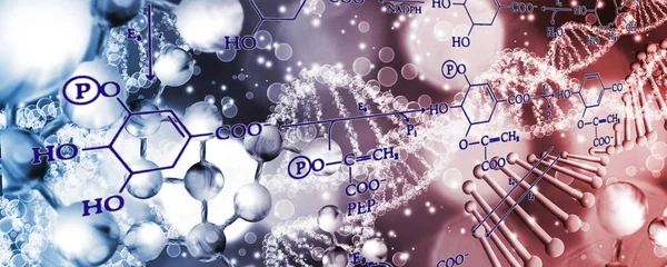 Cadeia de DNA em um fundo desfocado com fórmulas químicas . — Fotografia de Stock