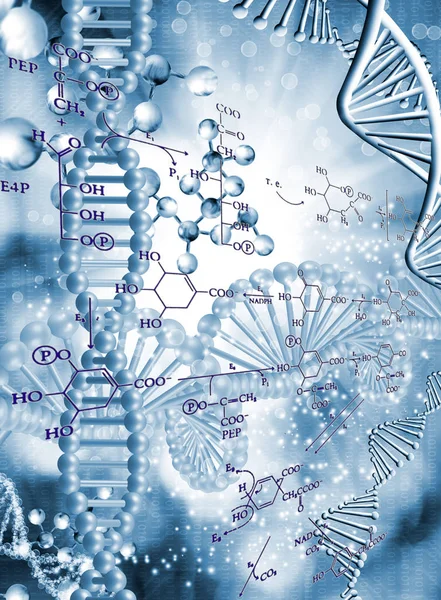 Cadeia de DNA em um fundo desfocado com fórmulas químicas . — Fotografia de Stock