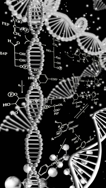 Цепь ДНК на черном фоне с химическими формулами . — стоковое фото