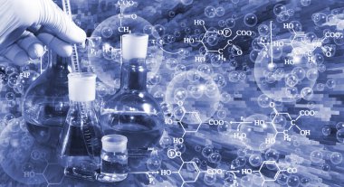 Kimyasal formüllerle bulanık bir arkaplan üzerinde soyut görüntü laboratuvar ekipmanı.