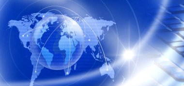 Dünya haritasının arka planında dünyanın stilize edilmiş görüntüsü