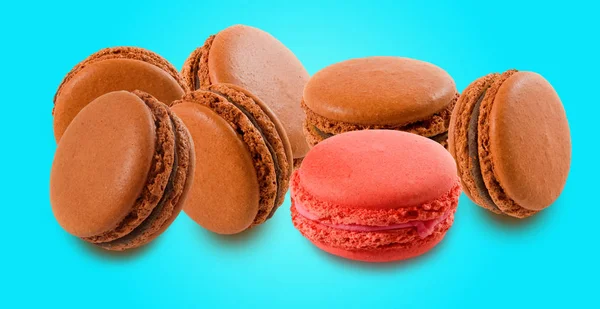 Sweet Colorful Dessert Macarons Isolated Blue Background — Stock Photo, Image