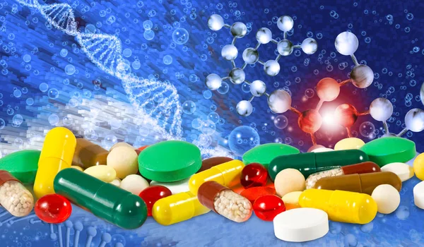 Set of pills on the background of a DNA chain