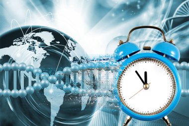 Biyoteknoloji arka planında DNA zincirinin görüntüsü ve bir tarafta parçacıkların çürüdüğü bir saat. 3 boyutlu illüstrasyon