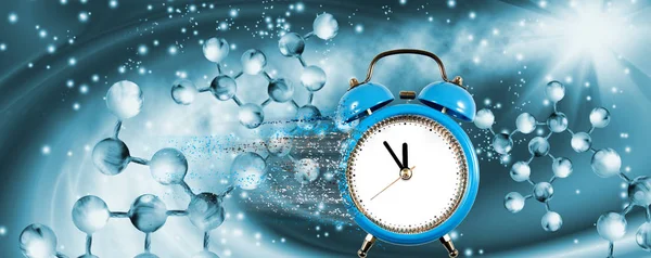 Imagen Cadena Adn Sobre Fondo Biotecnológico Reloj Con Partículas Descomposición — Foto de Stock