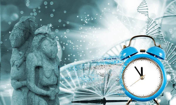 Image Dna Chain Biotechnological Background Clock Particles Decaying One Side — Stock Photo, Image