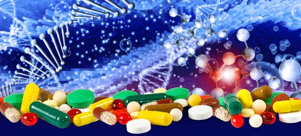 Conjunto de pílulas no fundo de uma cadeia de DNA — Fotografia de Stock