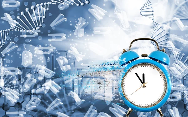 Image Dna Chain Biotechnological Background Clock Particles Decaying One Side — Stock Photo, Image