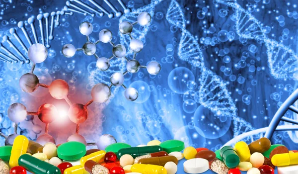 Set of pills on the background of a DNA chain .Gene mutation