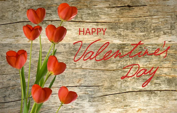 Happy Valentine Day Beautiful Red Tulips Flowers Rustic Wood Background — стоковое фото