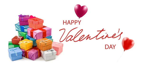 Happy Valentines Day with gifts and stylized hearts.