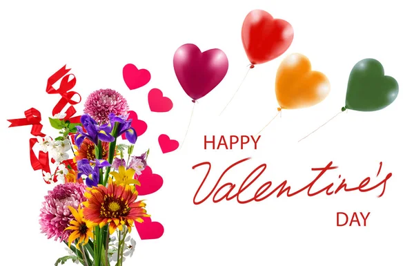 Šťastný Valentýn s krásnými květinami na bílém pozadí — Stock fotografie