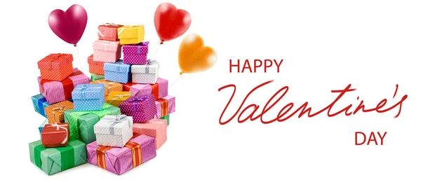 Feliz Día San Valentín Con Globos Festivos Forma Corazón Cajas — Foto de Stock