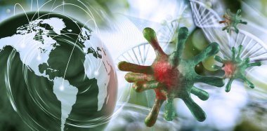 DNA zincirinin stilize edilmiş bir görüntüsünün arka planında koronavirüslerin soyut görüntüsü. 3d illüstrasyon