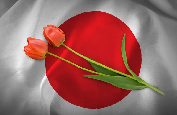 Japonya Bayrak Arkaplanındaki Şenlikli Çiçeklerin Resmi — Stok fotoğraf