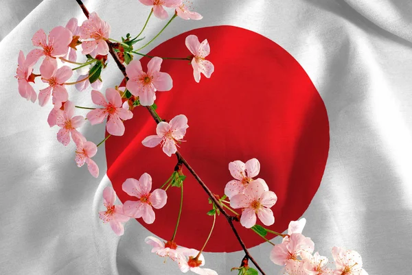 Japonya Bayrak Arkaplanındaki Şenlikli Çiçeklerin Resmi — Stok fotoğraf