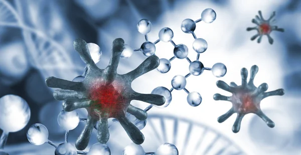 DNA zincirinin stilize edilmiş bir görüntüsünün arka planında koronavirüslerin soyut görüntüsü. 3d illüstrasyon