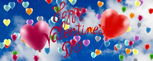 Szczęśliwych Walentynek Stylizowanymi Sercach Wiele Uroczystych Kolorowych Balonów Niebie — Zdjęcie stockowe