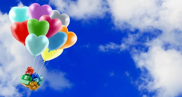 Flerfärgade Presentaskar Flyger Himlen Ballonger Som Gjorda Form Stiliserade Hjärtan — Stockfoto