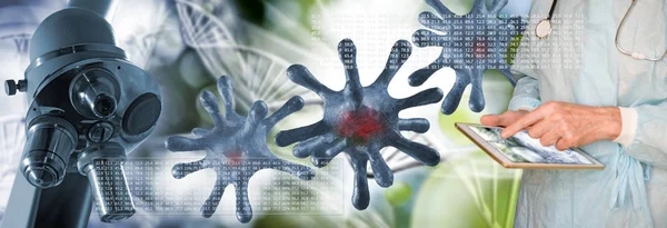 DNA zincirinin stilize edilmiş bir görüntüsünün arka planında koronavirüslerin soyut görüntüsü. 3d illüstrasyon