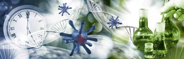 Dna鎖の様式化された画像を背景にしたコロナウイルスの抽象的な画像 3Dイラスト — ストック写真