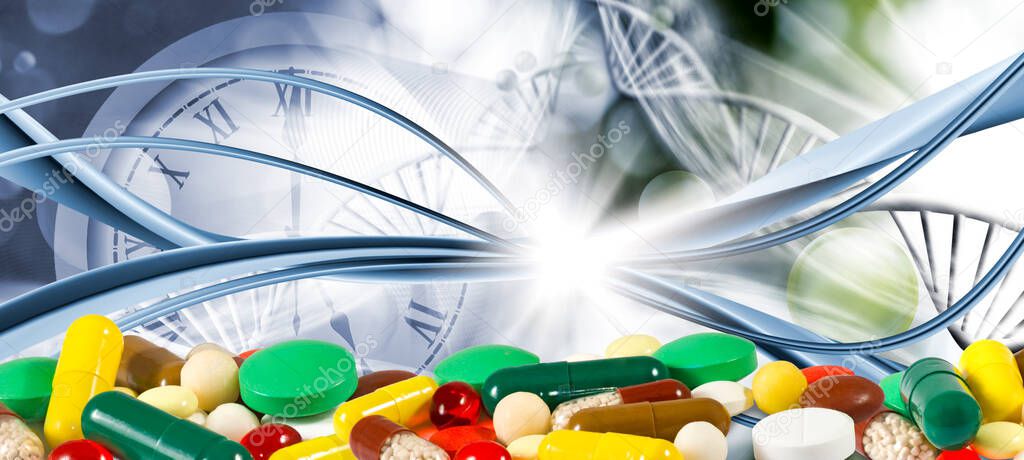 image of pills on dna chain background closeup