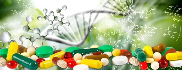 Imagen Las Píldoras Fondo Cadena Adn Primer Plano — Foto de Stock