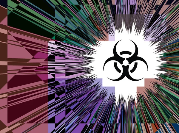 Sign - biological hazard. Abstract image of coronaviruses on the background of a stylized image of the DNA chain.