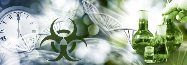 生物学的危険性 Dna鎖の様式化された画像の背景にコロナウイルスの抽象的な画像 3Dイラスト — ストック写真