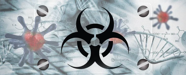 Sign - biological hazard. Abstract image of coronaviruses on the background of a stylized image of the DNA chain. 3d illustration