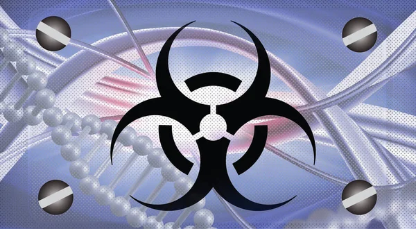 Sign - biological hazard.Abstract image of coronaviruses on the background of a stylized image of the DNA chain. 3d illustration