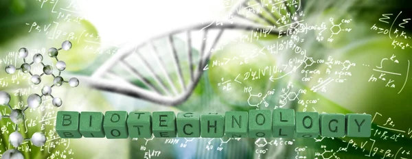 Felirat Biotechnológia Kockákból Rakva Absztrakt Kép Dns Lánc Elmosódott Hátteren — Stock Fotó