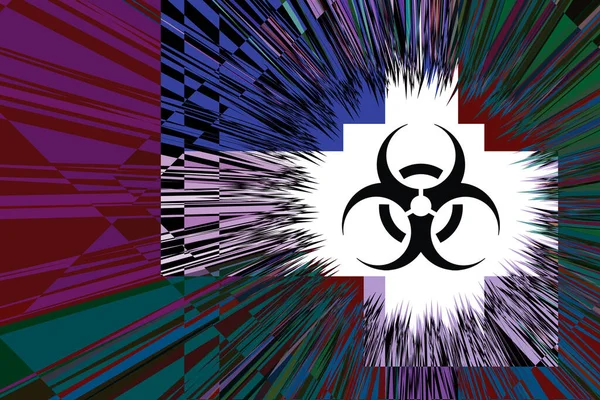 Sign - biological hazard. Abstract image of coronaviruses on the background of a stylized image of the DNA chain. 3d illustration