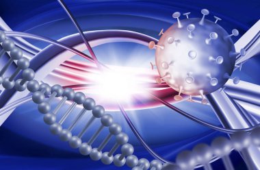 DNA zincirinin biçimlendirilmiş bir resminin arka planında koronavirüslerin soyut görüntüsü.