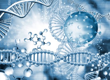 DNA zincirinin biçimlendirilmiş bir resminin arka planında koronavirüslerin soyut görüntüsü.