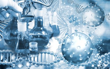 DNA zincirinin biçimlendirilmiş bir resminin arka planında koronavirüslerin soyut görüntüsü.